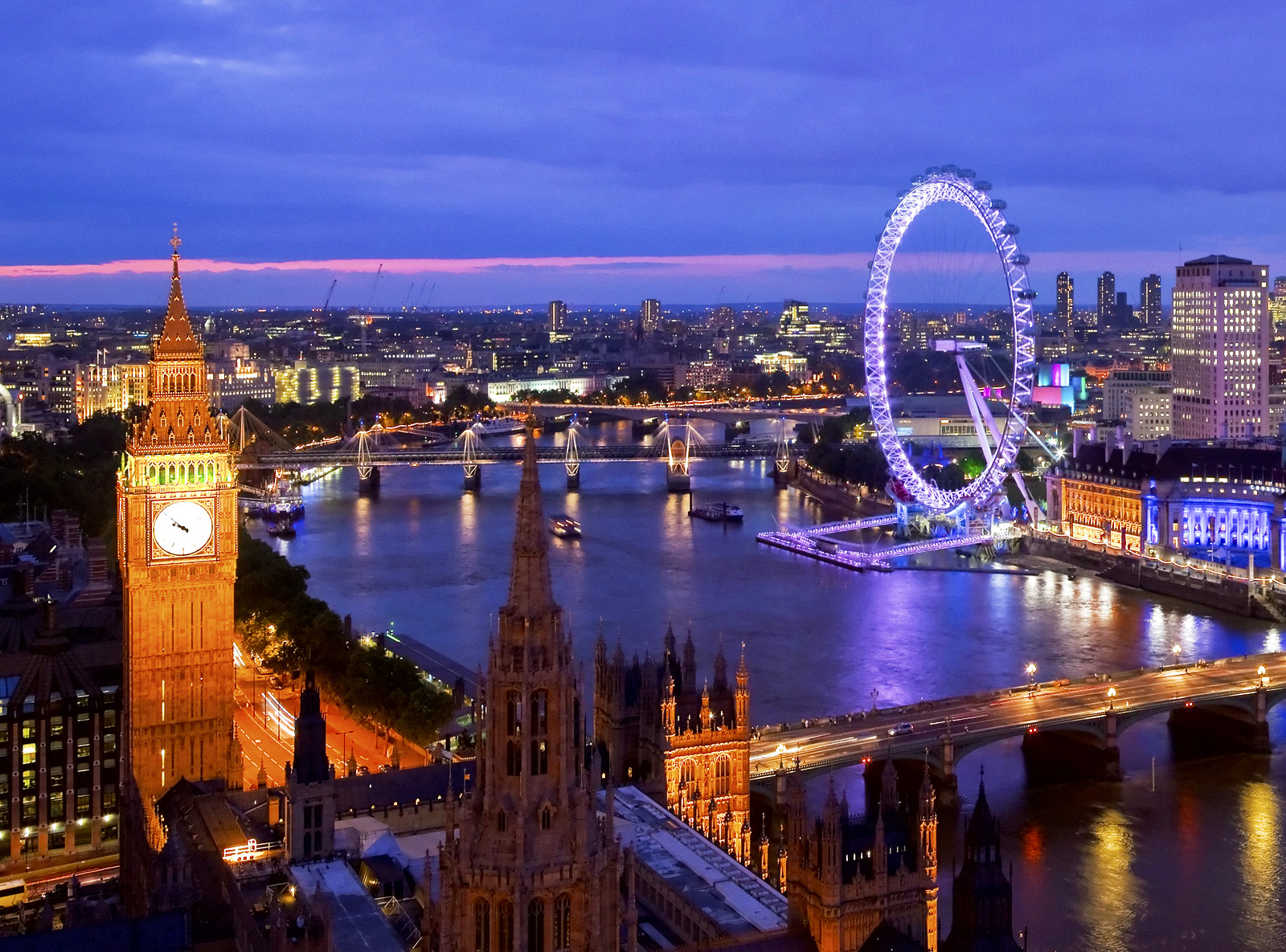 Houses of Parliament and the London Eye Seen from Victoria Tower London England