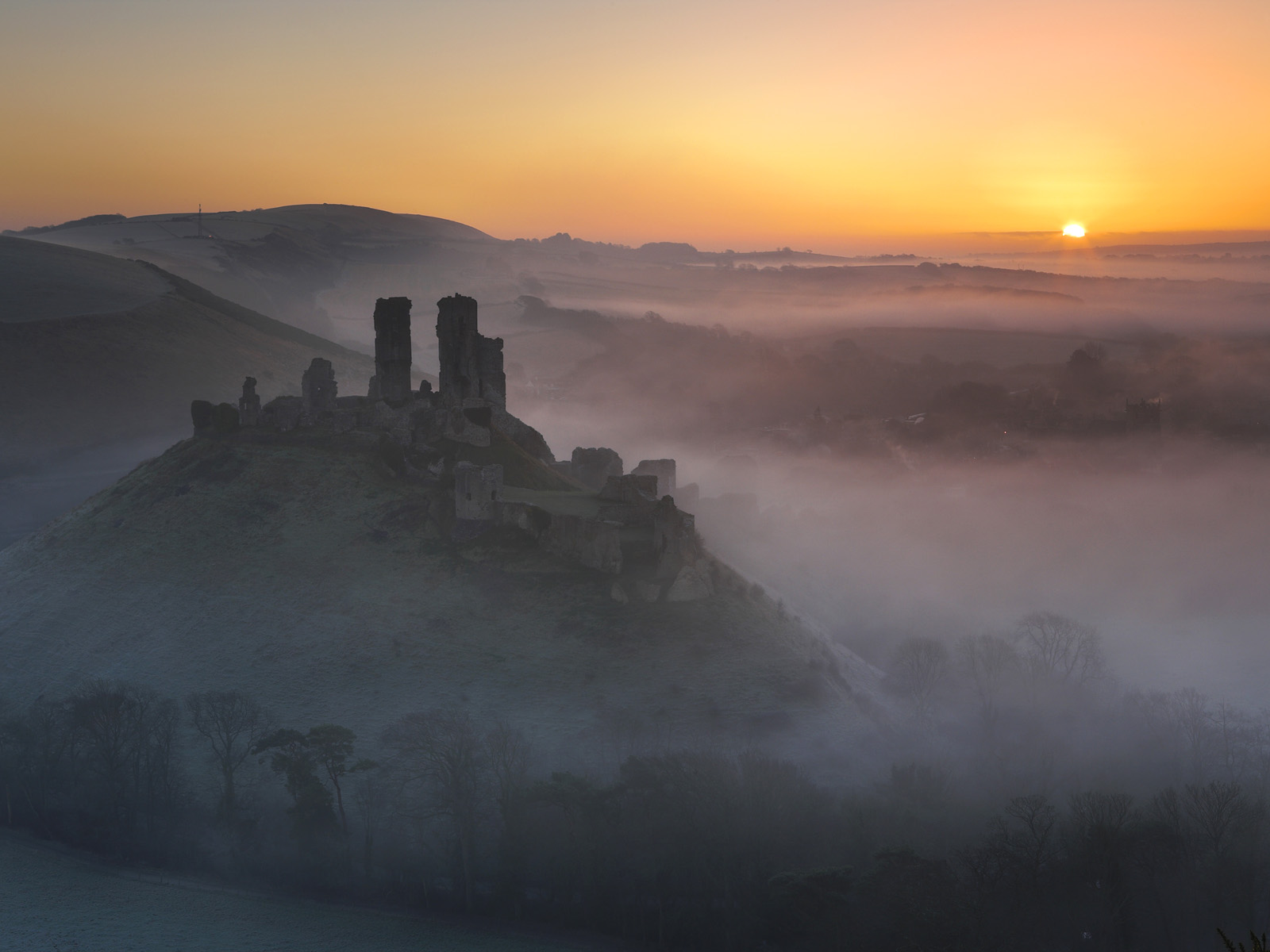 Corfe Castle at Sunrise Dorset England